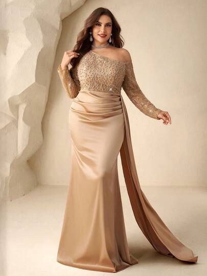 Coutiva Plus Size Elegant Long Sleeves Asymmetrical Collar Embroidered Pearl Rhinestones Satin Hem Mermaid Skirt With Side Drape Design Suitable For Formal Dinner Dresses, Wedding Guest Dresses, Graduation Ceremony