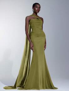 Elitara 优雅棕色无肩带高弹力亮面网纱褶皱美人鱼不对称领口飘逸连衣裙，适合约会、婚礼、活动、伴娘等场合 - 橄欖綠 - 查看 5