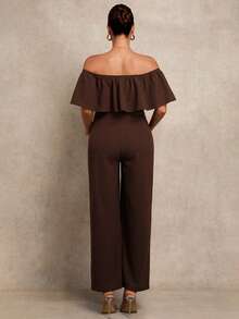 MaterniChic Maternity Clothes Maternity Solid Color Patchwork Ruffle Off Shoulder Jumpsuit Elegant - Brown - View 2