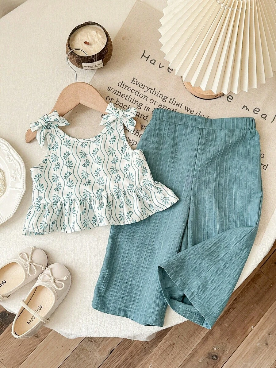 SHEIN 女宝宝度假休闲可爱吊带背心和松紧腰裤套装 - 綠色 - 查看 1