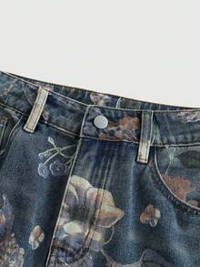 ROMWE PETITE Quần jean ống rộng dáng rộng in hoa cổ điển nhỏ nhắn dành cho nữ - Màu xanh lam - Xem 4