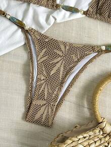 Swim Chiccia 春夏针织提花三角无钢圈挂脖装饰上衣和泳裤女士优雅比基尼套装，适合海滩度假 - 棕色 - 查看 4