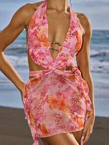 Swim Vcay Vestido halter con degradado de atardecer, tinte anudado y estampado de leopardo y lirio para mujeres, ideal para vacaciones de verano en la playa y resort, 2022 - Multicolor - Ver 4