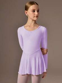 SHEIN 少女长袖粉色芭蕾舞裙，圆领前片褶皱设计，后背可爱蝴蝶结，柔软轻盈的网纱裙摆，裆部按扣设计，高弹亲肤，适合舞蹈、瑜伽和运动穿着。 - 淡紫色 - 查看 6