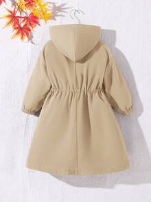 SHEIN 女童休闲字母装饰宽松文字织带连帽口袋中长款派克大衣，风衣，梭织双排扣翻领宽松长款防风外套，休闲军装风，适合通勤和户外活动，春夏秋冬皆宜，Y2K金属夹克，Y2K风格，女童款。返校季，母女亲子装。 - 駝色 - 查看 5