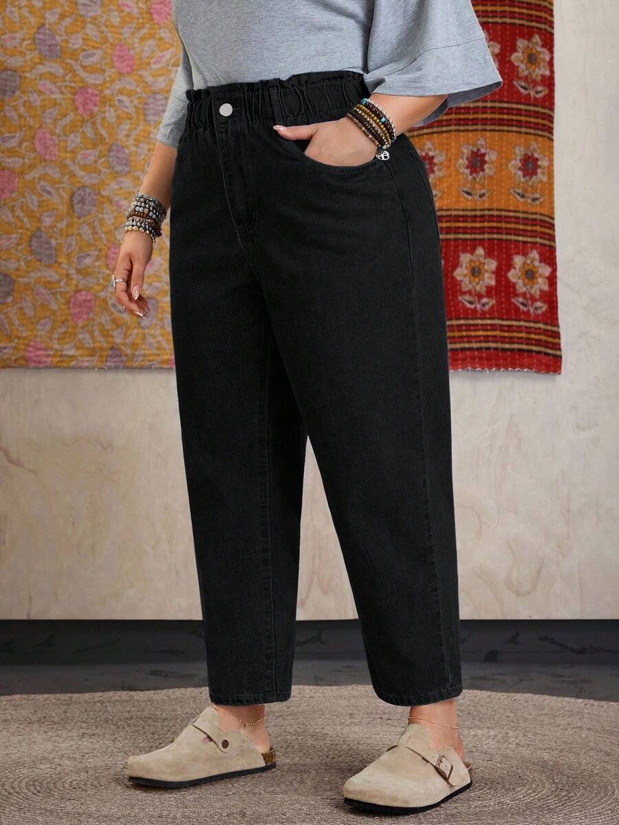 EMERY ROSE 大码女式休闲通勤牛仔裤，带口袋和纽扣 - 黑色 - 查看 1