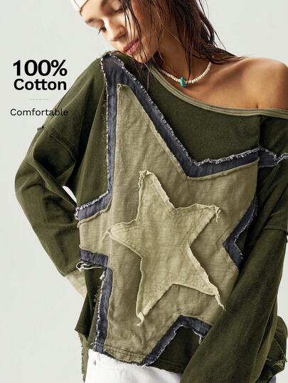 Bohemela Asymmetrical Hem Washed Loose Blouse For Women Olive Green Tops Patchwork Top Star Top Western Tops