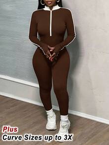 Slaydiva Bộ áo liền quần nữ cỡ lớn cổ đứng, khóa kéo, cài khuy nửa thân, thích hợp mặc hàng ngày. - màu nâu - Xem 8