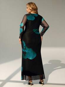 Auralis 大码优雅船领长袖扎染渐变随机印花网纱透视性感鸡尾酒会休闲长裙 - 藍色 - 查看 3