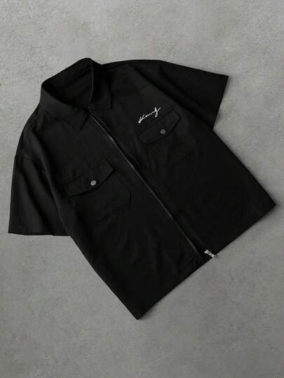 PAVTROS Men's Letter Print Turndown Collar Zip-Up Casual Commuter Short Sleeve Shirt