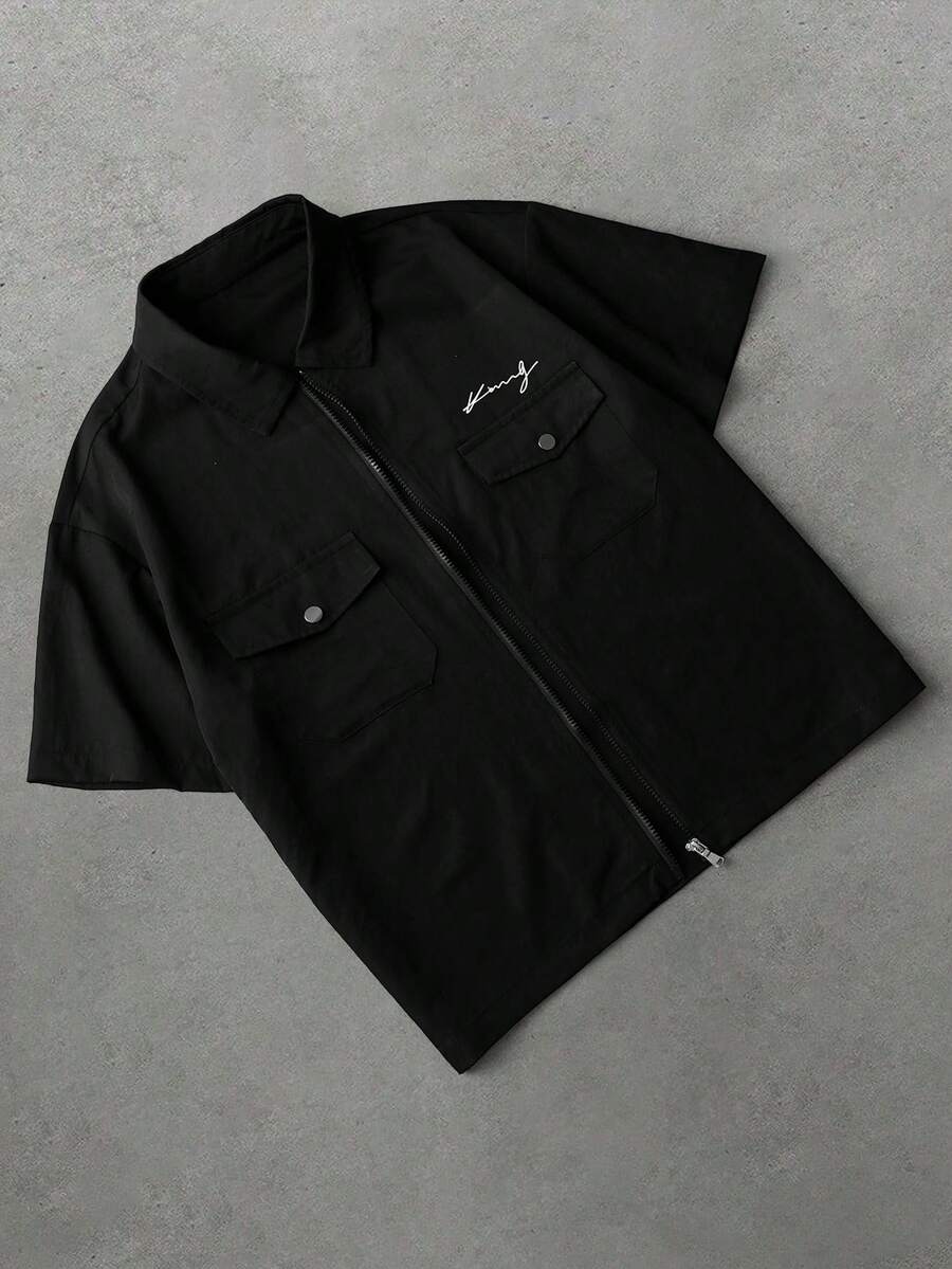 PAVTROS Men's Letter Print Turndown Collar Zip-Up Casual Commuter Short Sleeve Shirt - Black - View 1