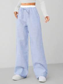 SHEIN PETITE Autumn Blue Striped Contrast Waist Woven Women's Trousers - Baby Blue - View 7