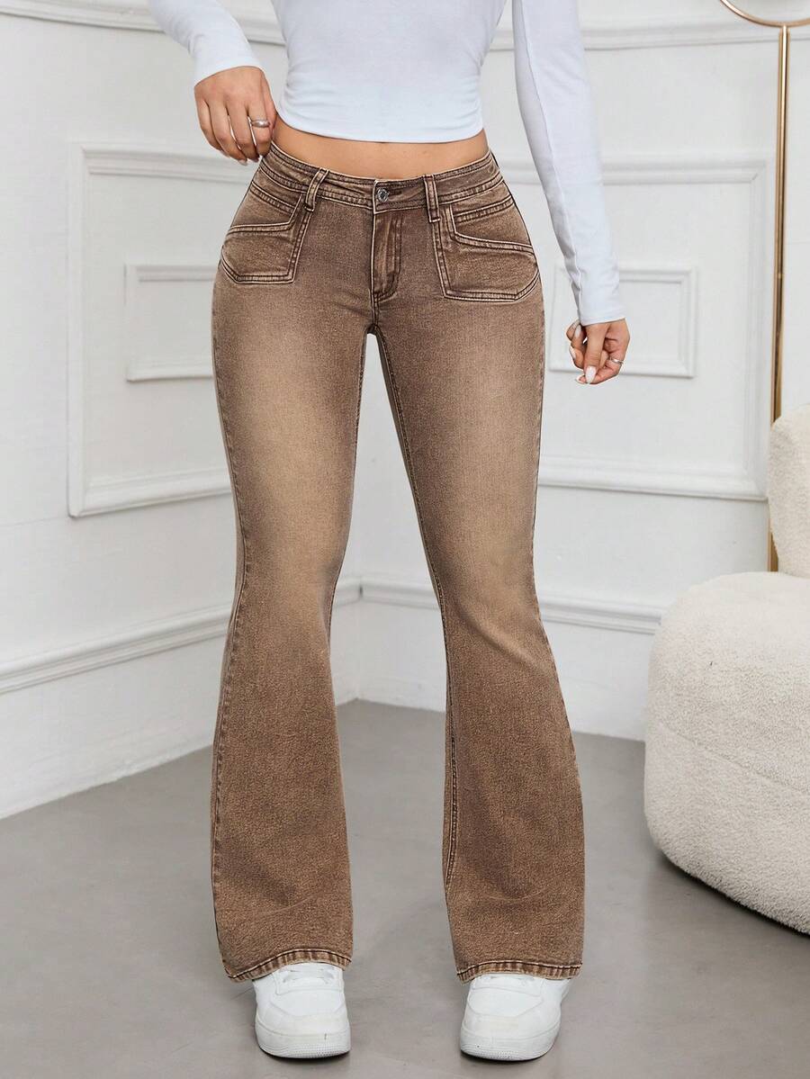 SHEIN EZwear Women's Plain Simple Daily Wear Flared Jeans - Brown - View 1