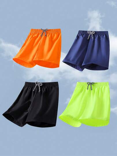 SHEIN 4pcs/Set Boys' Swim Trunks With Drawstring Waist, Colorful Assorted Designs, Suitable For Spring/Summer Occasions Like Valentines Day, Dates, Travel, Vacation, Family Gatherings, Back To School, Sports, Birthday Parties
