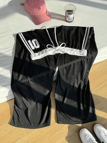 SHEIN EZwear 大尺碼女款數字印花抽繩腰寬腿休閒牛仔褲，適合返校、騎行、辦公、正式場合與度假，黑白配色，秋季款 - 黑色 - 查看 13