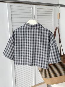 SHEIN 少女休闲日常时尚复古藏蓝色白格子短袖衬衫 - 藏蓝色 - 查看 2