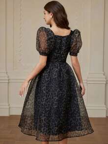 Aveloria Rosie Women's Chiffon Leopard Print Sweetheart Neck Puff Sleeve Elegant Dress - Multicolor - View 2