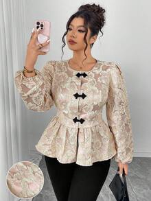 Elenzga 大码金线刺绣立领长袖衬衫，优雅休闲，适合外出、聚会、春节等场合。 - 淺粉色 - 查看 8