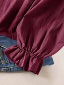 CosyJoli Plus Size Women Frill Trim Round Neck Long Sleeve Casual Brown Shirt, Versatile For Daily Wear Burgundy Spring - Burgundy - View 4