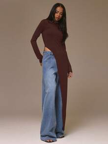 MUSERA 修身长袖超长不对称下摆上衣，酷女孩、街头风、可爱风，适合秋冬春夏穿着 - 巧克力棕 - 查看 4