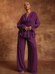 Vixey Plum Chiffon Drawstring Waist Wide Leg Pants With Half Lining