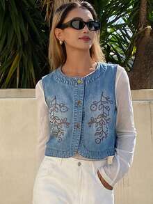 DAZY Women's Round Neck Cropped Floral Embroidered Sleeveless Open Front Casual Vacation Denim Top - Medium Wash - View 7