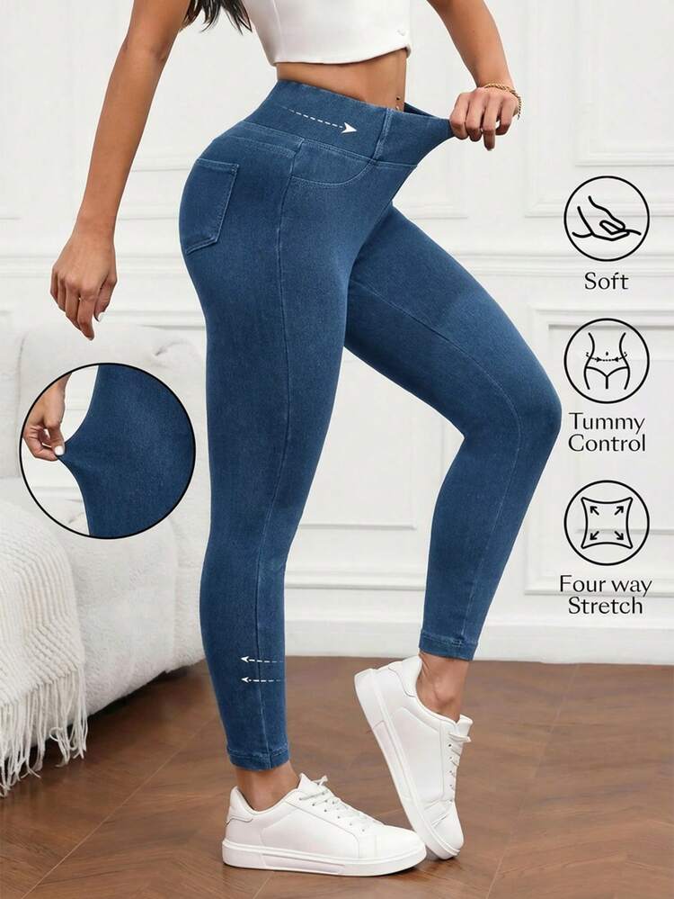 Flexra Women's Solid Color Minimalist Everyday High Stretch Jeans Jeggings For Women Stretchy Jeans Tummy Control Jeans Women Jeans High Waist - Blue - View 1