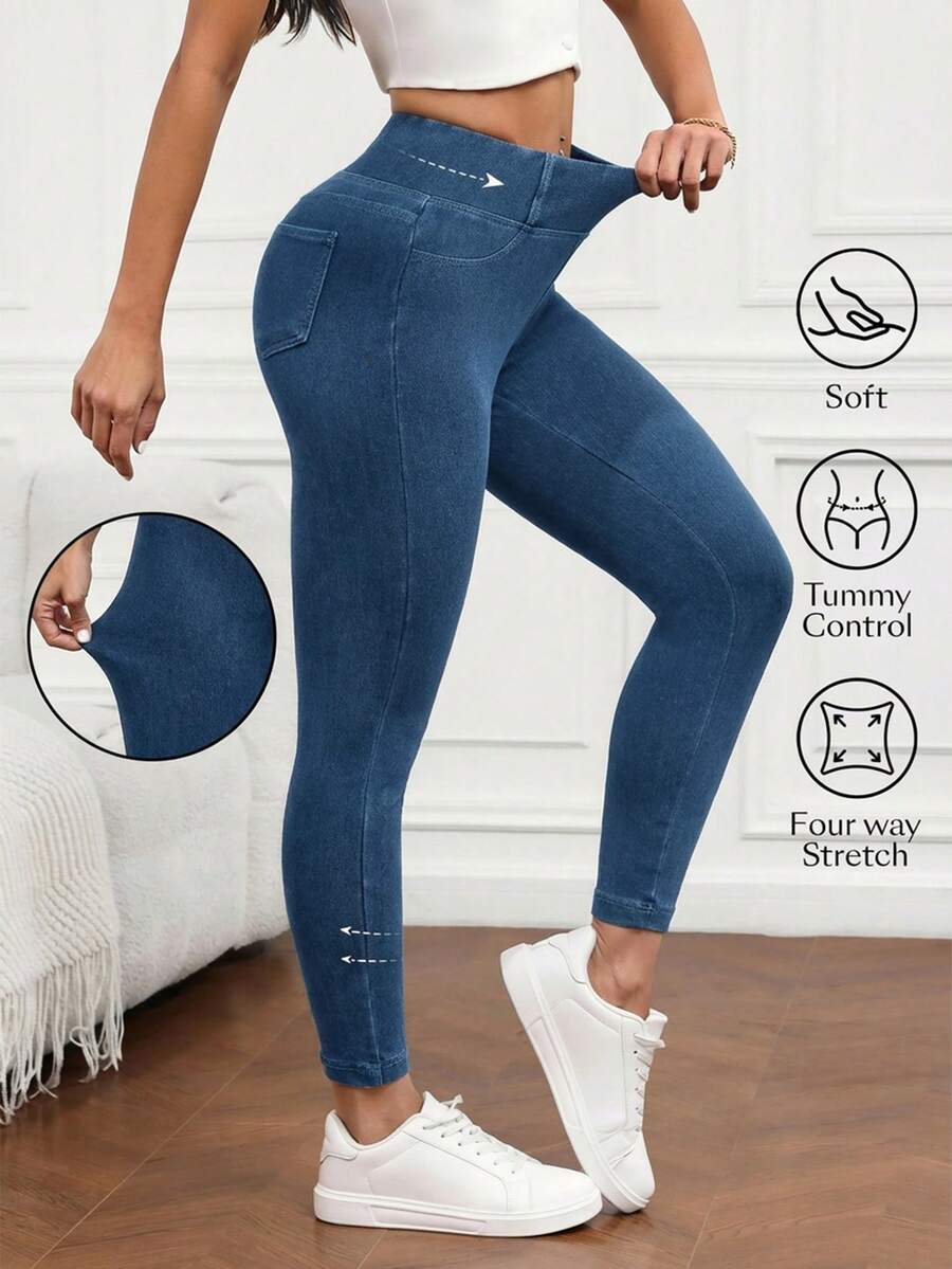 Flexra Quần jeans nữ màu trơn tối giản, co giãn tốt, thích hợp mặc hàng ngày. - Màu xanh lam - Xem 1