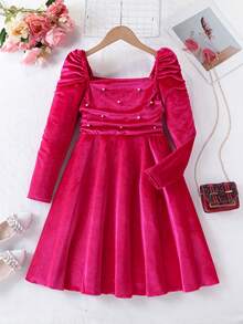 Elladie kids Tween Girls' Long Sleeve Off Shoulder Beaded A-Line Princess Dress, Spring/Autumn - Pink - View 8