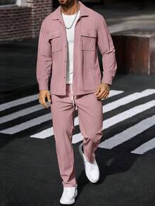 Manfinity Homme 2 piezas Conjunto de camisa de trabajo de pana para hombres Conjunto casual de dos piezas para hombres Conjunto de traje de ocio de 2 piezas para hombres Conjunto de chándal de 2 piezas para hombres - Rosa - Ver 5