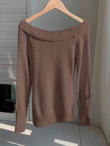 Comfortcana 女士时尚休闲扭结针织露肩长袖毛衣 女士毛衣 棕色毛衣 咖啡棕色上衣 棕色长袖上衣 麻花针织毛衣 女士毛衣 - 棕色 - 查看 2
