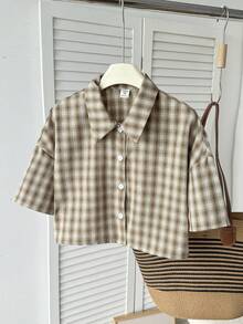 SHEIN 少女休闲日常时尚复古驼色白格子短袖衬衫 - 駝色 - 查看 4