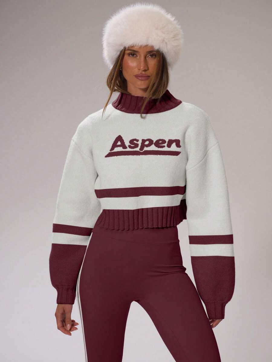 Musera Sport 运动漏斗领“Aspen”印花短款针织套头衫，适合冬季保暖运动、健身房锻炼、休闲滑雪、野雪等场合。 - 酒紅色 - 查看 1