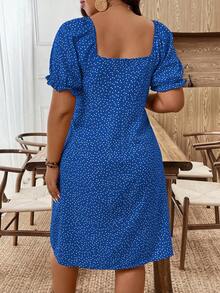 Breezaya Đầm nữ cỡ lớn mùa hè in họa tiết cổ vuông xẻ tà - Xanh đậm - Xem 2