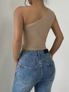 SHEIN PETITE PETITE Asymmetric Hem One Shoulder Blouse, Spring/Summer - Khaki - View 2