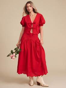 WESTFADE Kurzarm Top mit Bindung und Herz-Taschen - Rot - Übersicht 2