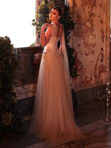 Glamrae Váy maxi dáng chữ A thêu hoa 3D thanh lịch dành cho nữ, thích hợp cho các buổi tiệc trang trọng. - Màu be - Xem 4