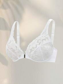1pc Women Plus Size Front Closure Lace Patchwork Wireless Bra - White - View 5