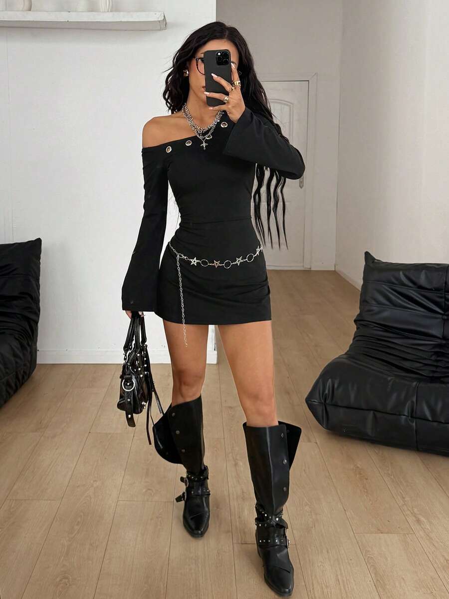 Coolane Women's Winter Streetwear  Music Festival Party Grunge Goth Date Night Elegant Y2K Punk Stretchy Grommet Eyelet Black Fitted Asymmetrical Neck Off The Shoulder Long Sleeve Mini Dress For Elegant - Black - View 1