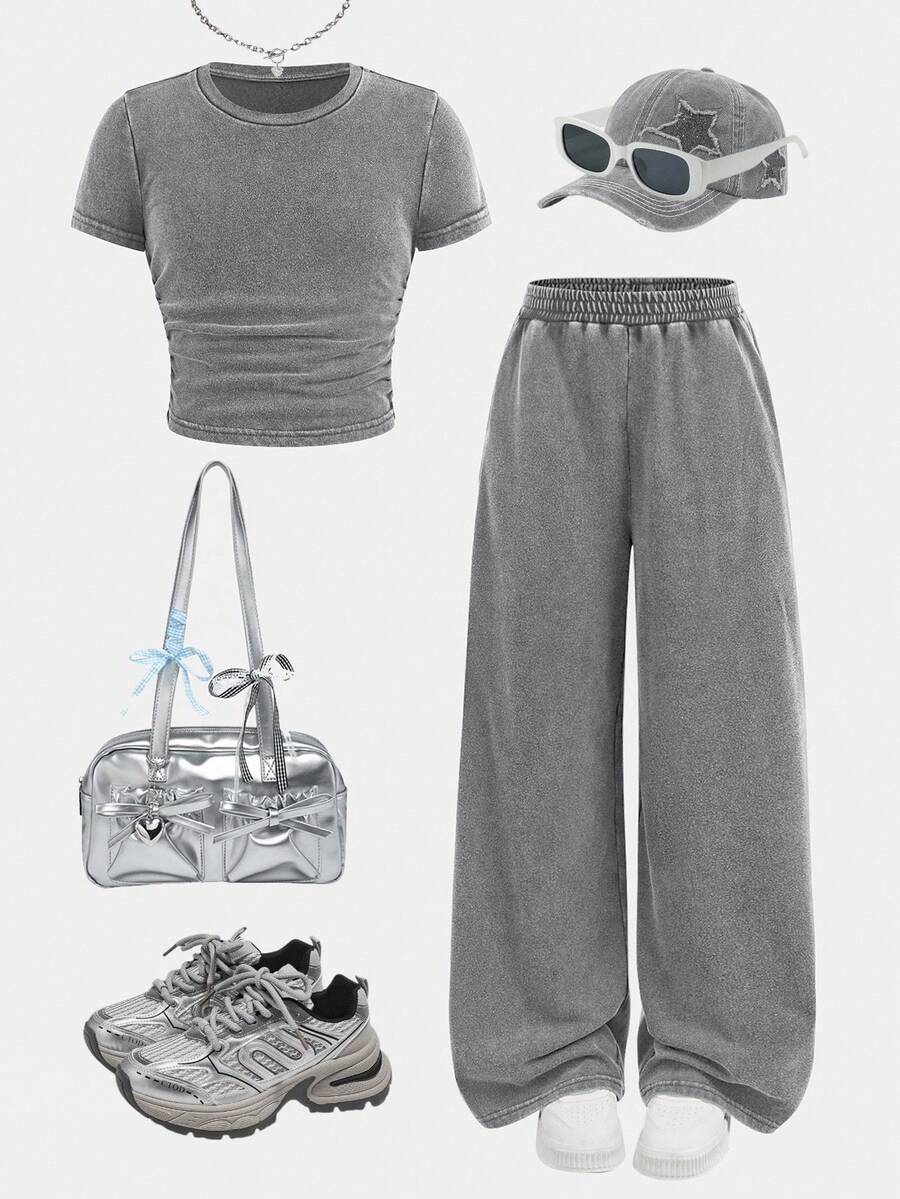SHEIN Conjunto de camiseta de cuello redondo de manga corta ajustada y pantalones holgados de pierna ancha de punto para niña preadolescente - Gris - Ver 1