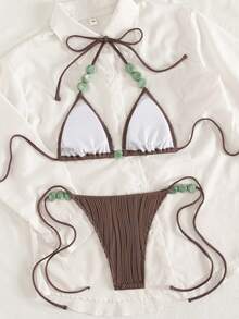 Swim Chiccia Conjunto de bikini casual de mujer de color marrón café con Bottom con lazos laterales y parte superior de tirantes finos. Conjunto de traje de baño de dos piezas marrón acanalado para mujer. - Café integral - Ver 4