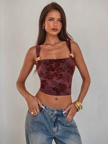 Aloruh Women's Burgundy Summer Elegant Draped Neck Metal Buckle Decor Jacquard Knit Cropped Tank Top,Seductive Party Night Tops - Burgundy - View 5
