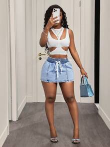 Slaydiva Women's Casual Denim Mini Skirt - Blue - View 6