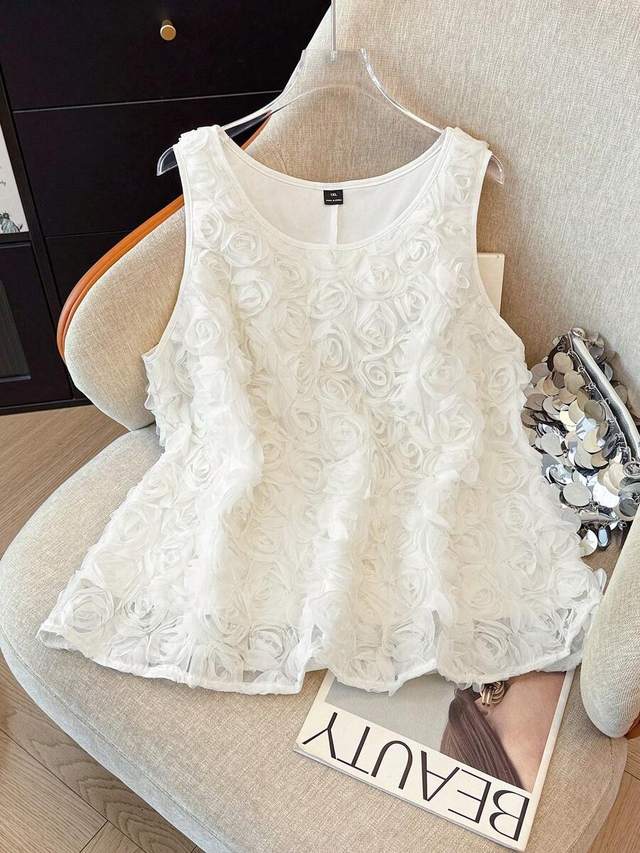 GlowEve CURVE 大码女式圆领无袖3D立体花卉高端吊带背心，适合日常穿着、生日、节日派对，显瘦又优雅 - 杏色 - 查看 1