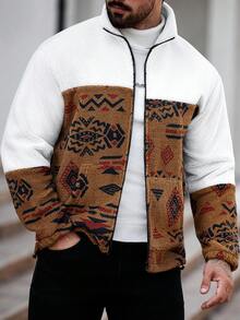 Manfinity Homme Men's Patchwork Pattern Zip-Up Long Sleeve Jacket Coat Mens Zip Up Men Sweater Jacket Men Graphic Jacket Mens Cardigan Men Street Wear Zip Up - White - View 1