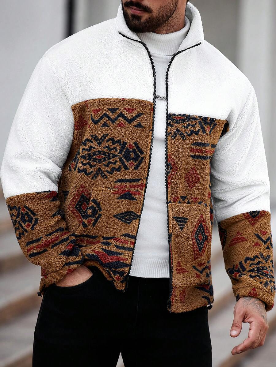 Manfinity Homme Men's Patchwork Pattern Zip-Up Long Sleeve Jacket Coat Mens Zip Up Men Sweater Jacket Men Graphic Jacket Mens Cardigan Men Street Wear Zip Up - White - View 1