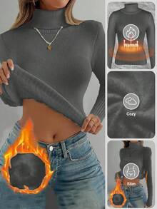 Franclia 时尚百搭高领厚款无缝修身长袖针织毛衣，百搭秋冬 - 深灰色 - 查看 9