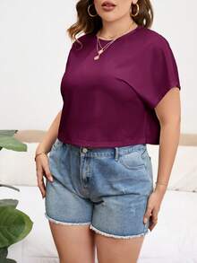 SHEIN Essnce 大码女式休闲纯色舒适短款T恤 - 中紫紅色 - 查看 4