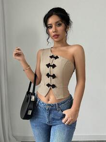 SHEIN PETITE PETITE Asymmetric Hem One Shoulder Blouse, Spring/Summer - Khaki - View 6