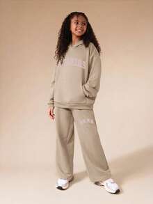 SUMWON Oversized Tween Hoodie And Wide Leg Sweatpants Co-Ord Set With Front Pocket And Studios Print For Girls For Casual And Vacation - Beige - View 3